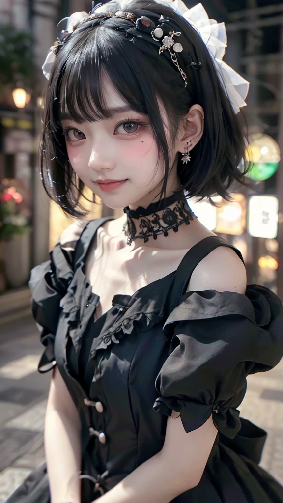 Realistic、A delicate and detailed masterpiece、Highest quality、Highest quality、一人のwoman、(Black Hair、Hime cut, Long Hair:1.2)、Natural Makeup、Eyelash extensions、Draw eyelashes sharply、Thin eyebrows、Deep orange blush、Grin, Showing teeth、Slightly red cheeks、16 years old、Height: 160cm、woman、Dark Rose Gardens、Purple Rose、(Simple black hair accessories、Gothic dress with exposed chest:1.3)、(Blur the background:1.3)、(Top view of the subject:1.1)