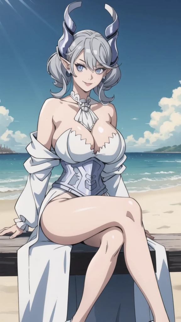 Beautiful arts wallpaper Sunset Outside castle top High level image quality best image quality 8K adult woman silver castle outside more colors whole body view portrait wearing pure white pirate dress horn ears short hair((shortcut)(gray hair)(perm)(fluffy)) eye color is blue , , attractive evil face , smile , beach , labrynth , slippers , holding her breast, , sitting with crossed legs , waves