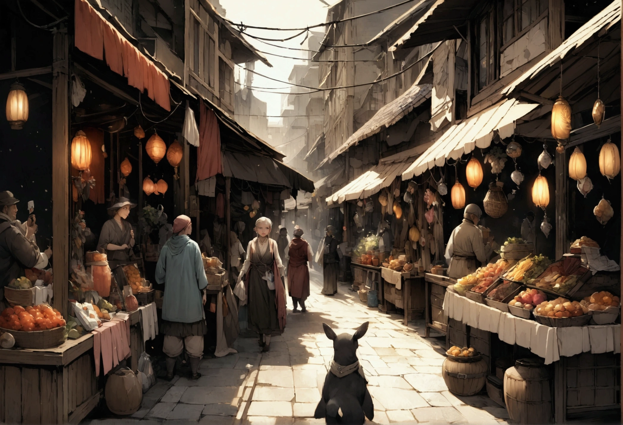 background: A bustling market in the Magic City, Creatures of various shapes and sizes object mysterious artifacts々Where to replace.

letter: Mischievous, Quick finger thief (By Keira) In the mysterious air, Steal powerful amulets from vendors' stalls.{Realistic}