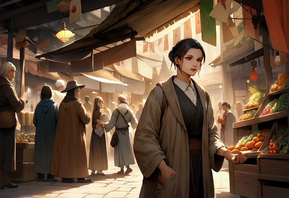 background: A bustling market in the Magic City, Creatures of various shapes and sizes object mysterious artifacts々Where to replace.

letter: Mischievous, Quick finger thief (By Keira) In the mysterious air, Steal powerful amulets from vendors' stalls.{Realistic}