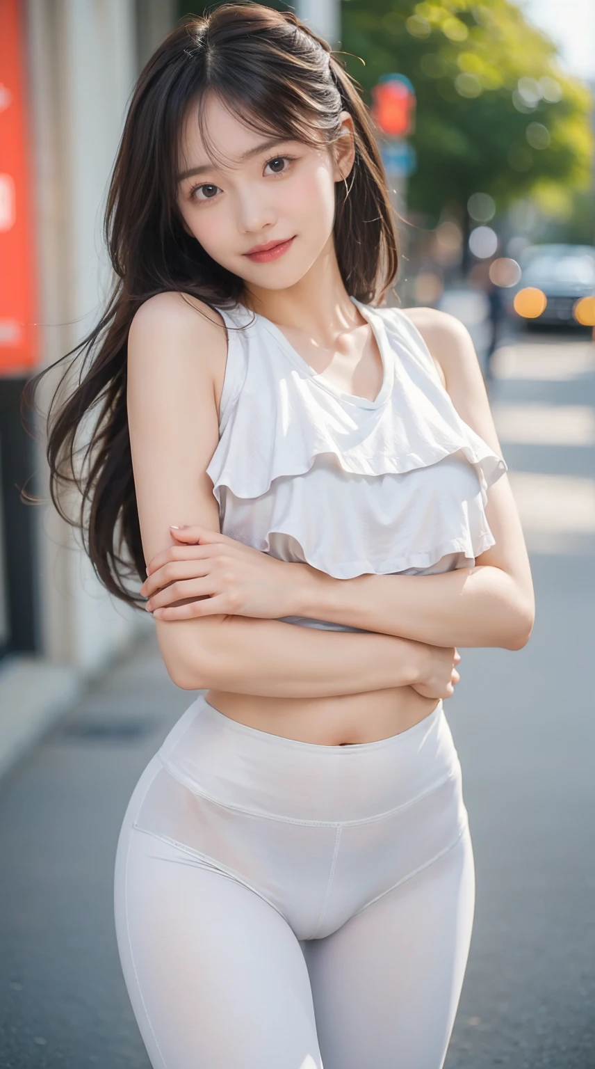 ((best quality, 8K, masterpiece:1.3)), Key Points: 1.2, Perfect body beauty: I can see your feet、From the front、Standing、, Hips: 1.2, ((Layered Hairstyle, breast: 1.2)), (Sportswear: 1.1), street, Tights.Yoga Pants: 1.1, Highly detailed face and skin textures, Beautiful eyes, Double eyelids, Skin Whitening, Long hair, (Residence: 1.3), Smile,Long legs