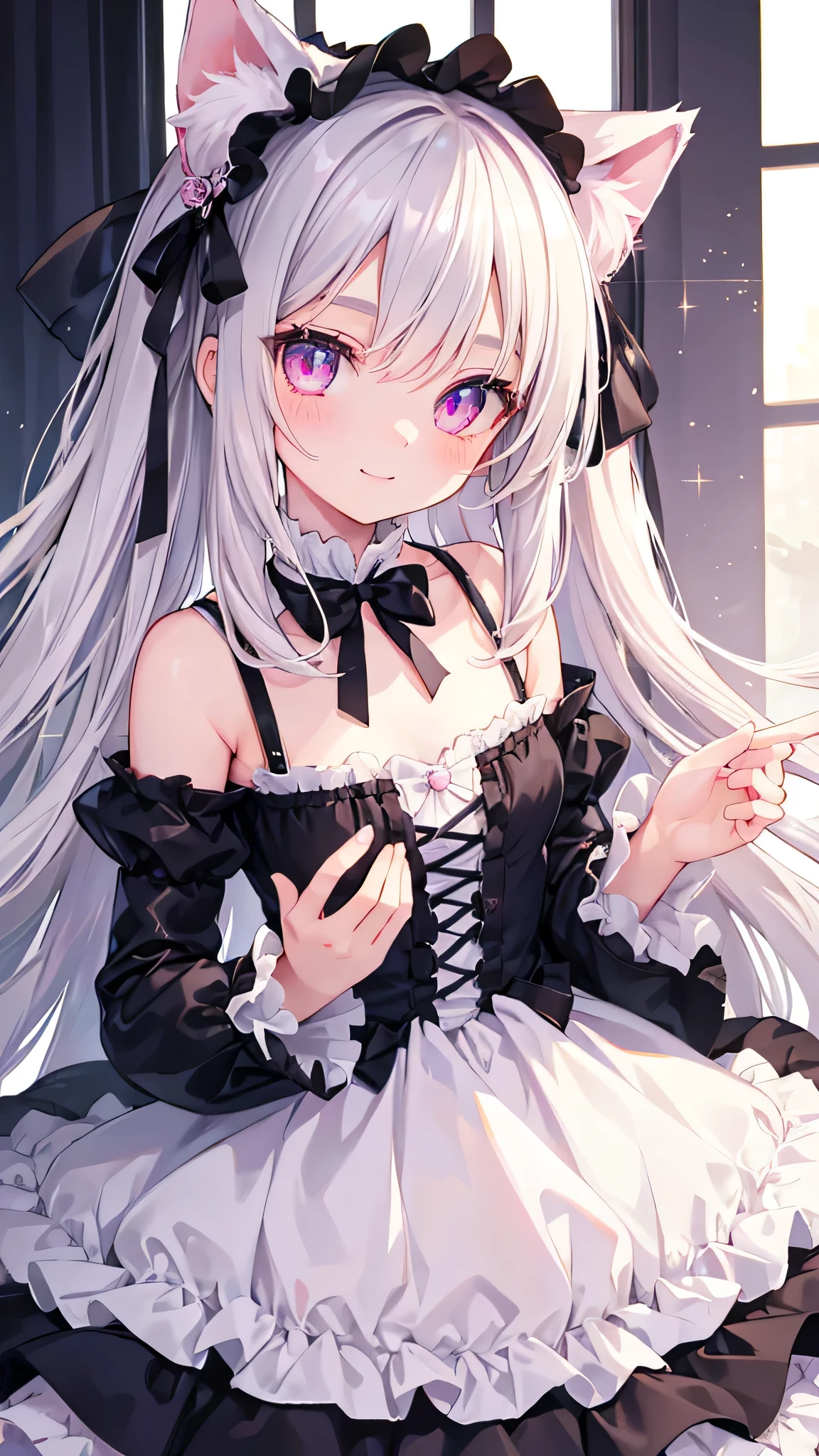 Highly detailed face,fine grain,Sparkling eyes,Highlighted eyes,Medium chest,pretty girl, smile,Longing eyes,Cat ear, Beautiful silver hair,Pink inside,Beautiful pink eyes, lolita fashion