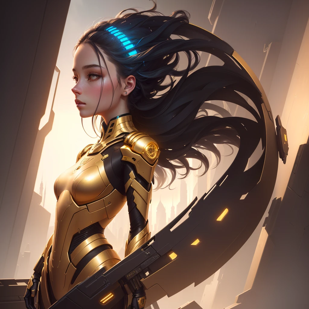 The girl in thought, POD in hand, digital painting, hyperrealistic, fantasy, Surrealist, full body,artstation, highly detailed, sharp focus, sci-fi, stunningly beautiful, dystopian, iridescent gold, cinematic lighting, dark