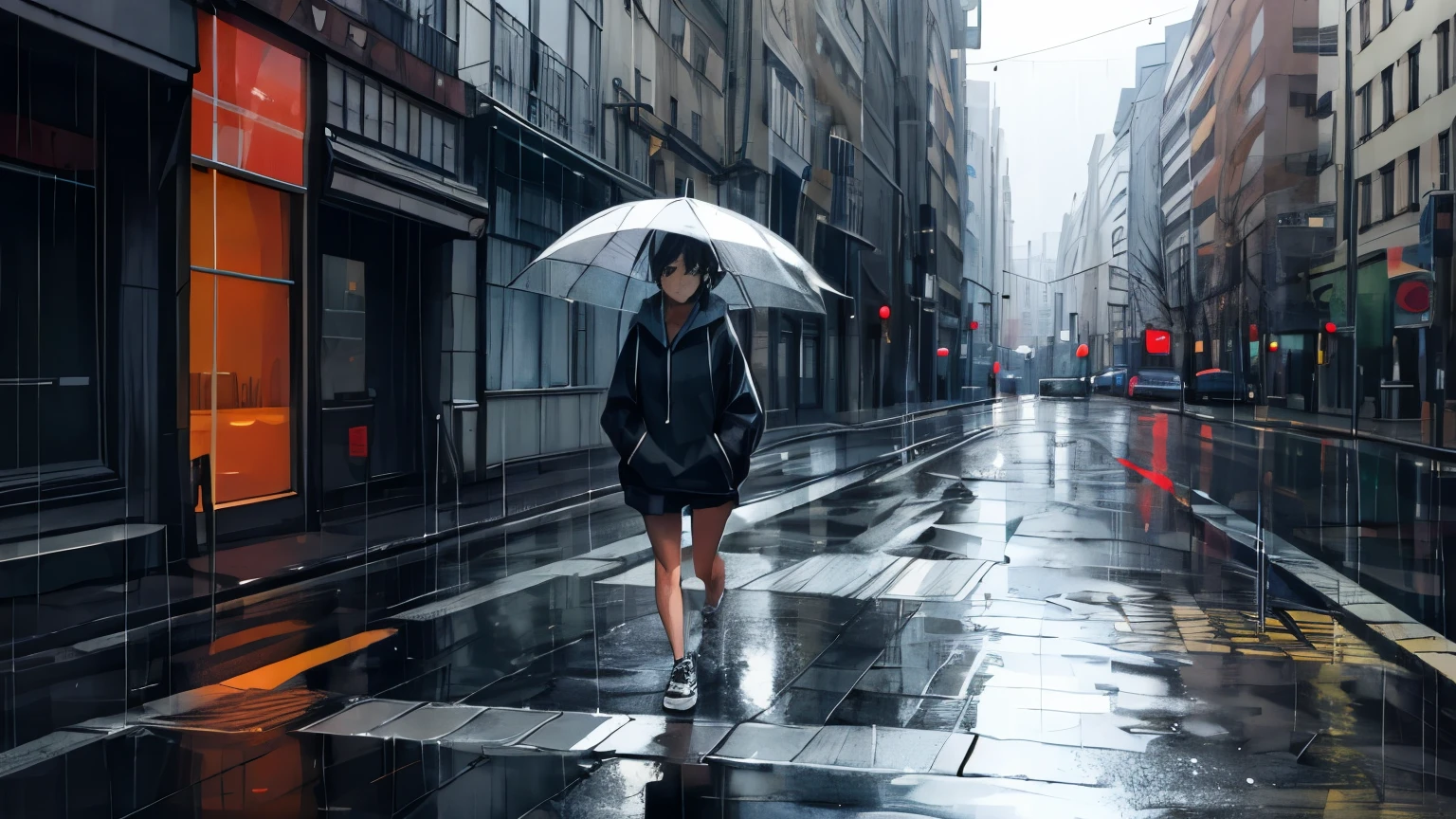 Girl wearing a hoodie, Walking in the rain, Dim lighting
