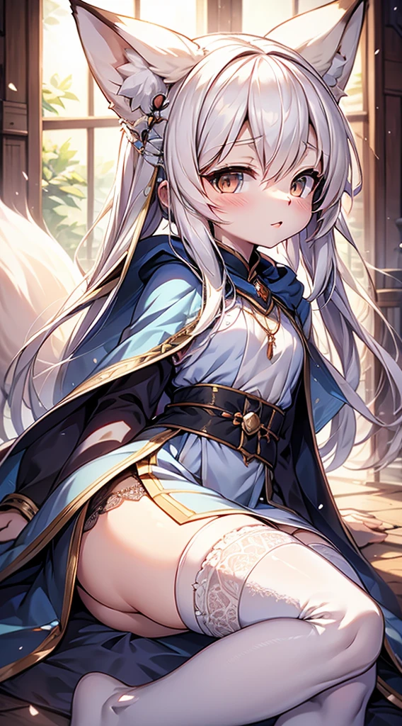 High and cold,Three No,No Expression,cold,cold,,Lolitle gair,White hair,Fox ears,White hair all over the body,Anthropomorphic fox girl,White fox girl,白色丝绸Knee socks,Knee socks,Garter stockings,Short robe,Back of robe,Back of robe,Mage Robe,Lace decoration,Lace decoration的袍子和Knee socks,蕾丝Knee socks,白丝Knee socks,Close-up above the waist,Close-up above the waist