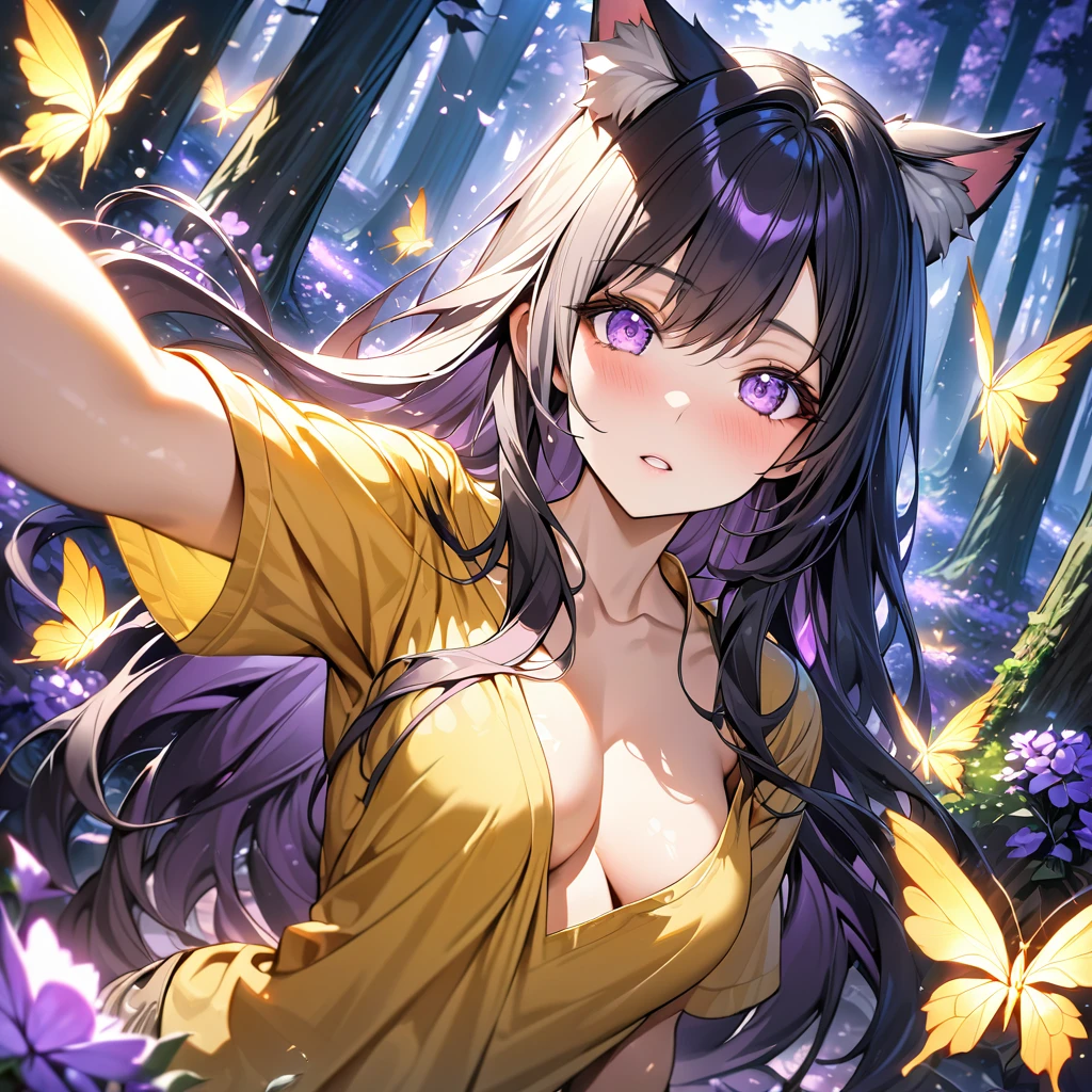 Medium chest, long hair, Girl with yellow tshirt open half chest, cat ears, forest,purple dark light, absurdres, highres, ultra detailed, HDR, master piece, best quality, black hair, expressive purple eyes, magical, fantasy, shining, purple flowers, blossoms, yellow butterflies, medium shot, Taking selfies behind him is a guy