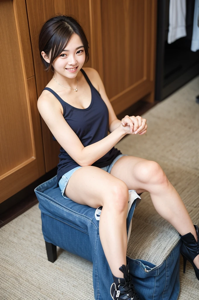 Top quality, 1 beautiful woman, super short Hair, shy Smile, wearing tanktop, From Above