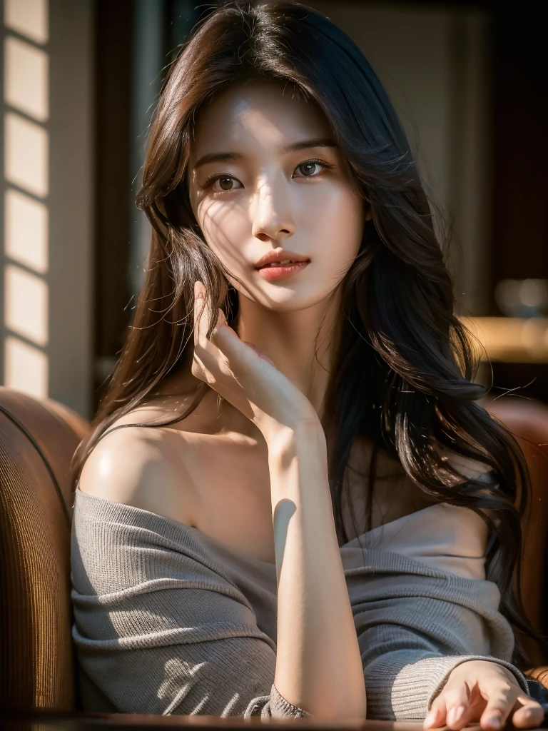 8k, masterpiece, RAW photos, best quality, realistic, extremely detailed CG unity 8k wallpaper, depth of field, Cinematic Light, lens flare, ray tracing, (very beautiful face, beautiful lips, beautiful eyes), A face with intricate details, ((highly detailed skin)), best quality, masterpiece, ultra high resolution, (realistic photo:1.5), Original image, Luxury dresses, 1 woman, Off shoulder, in the dark, deep shadow, low tune, cold light, sexy look, long gray hair,cafe,pretty,rim light,Swirling hair, medium shot, big . big가슴