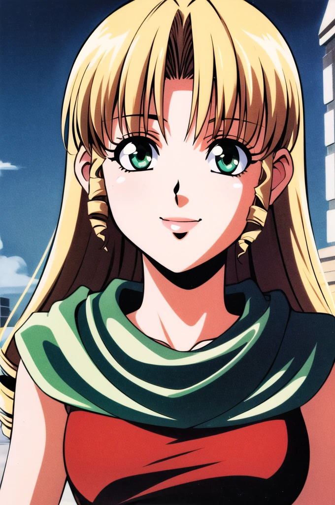 masterpiece,best quality,highres,1girl,solo,animification,1990s \(style\),red ribbon,blunt bangs,green eyes,ringlets, twin drills,blonde hair.lace, large breasts,princess,{{{shaded face,seductive smile}}},