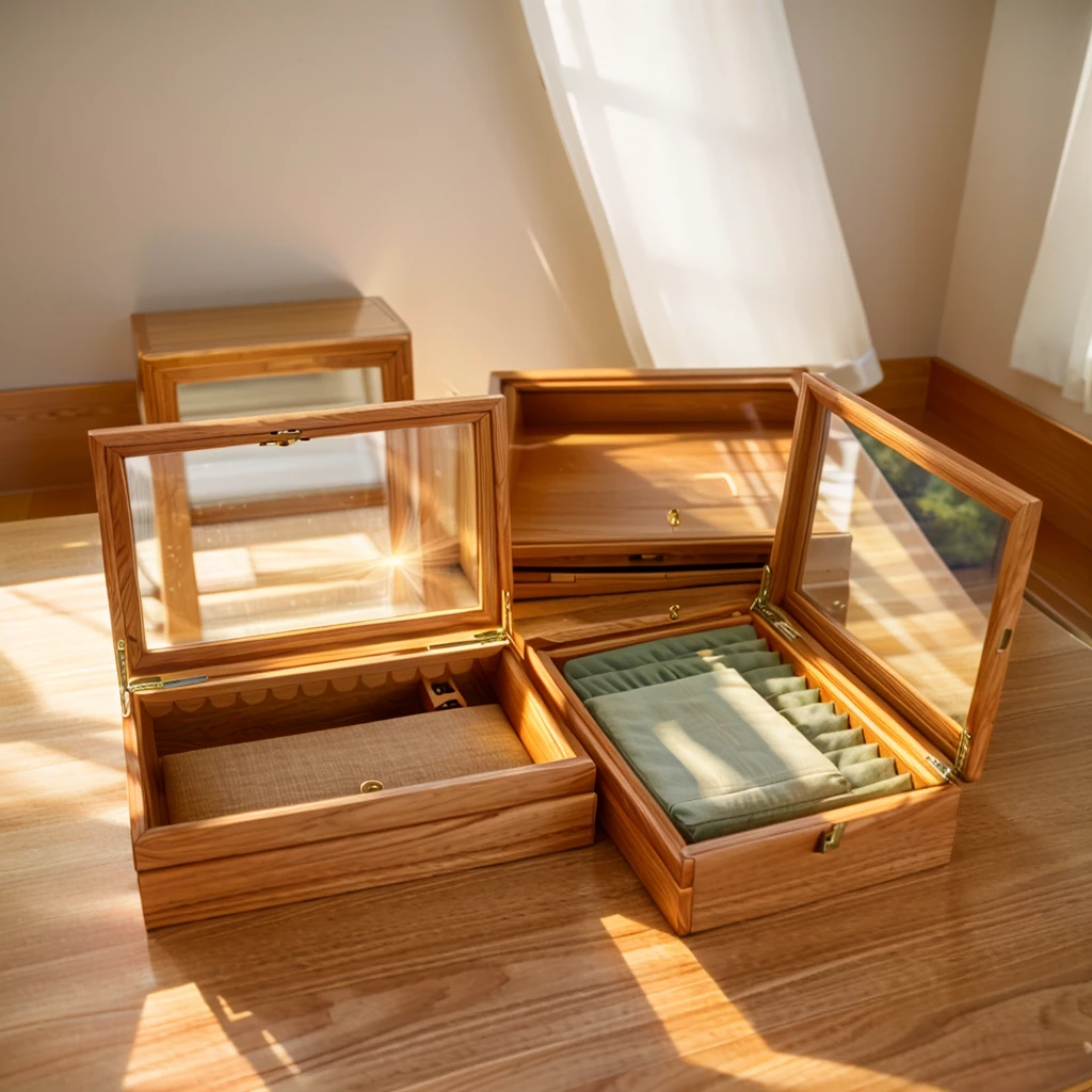 In this cozy room，A ray of sunlight shone through the half-drawn curtains on the table，Let the wood grain on the watch storage box shine with a faint luster。There was a calm and peaceful atmosphere in the air around them。There are several still lifes hanging on the walls of the room，It adds a touch of elegance to the space。And on the other side of the room，The half-open window lets in the breeze，The pages on the small desk by the window turned in the wind，This quiet scene gives a sense of tranquility and comfort。
