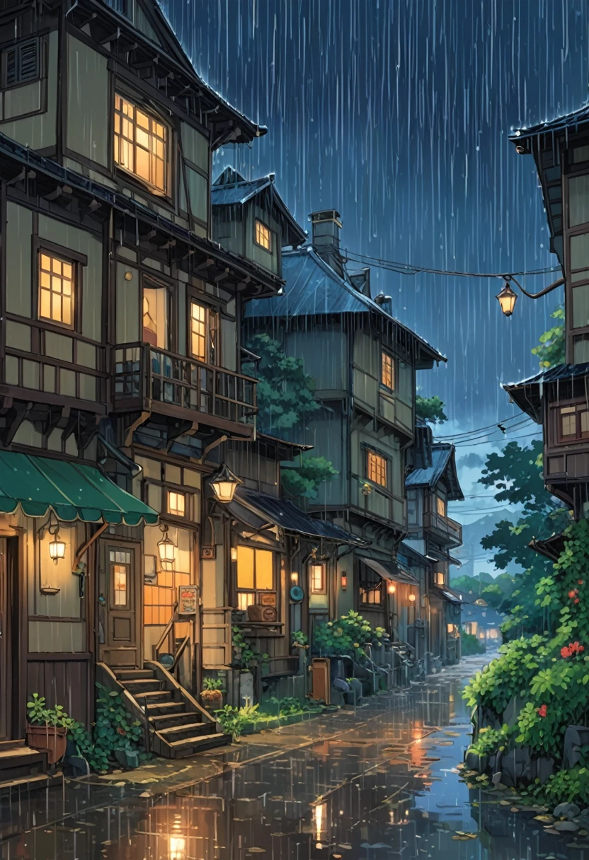 Studio Ghibli-style anime movies, Movie stills, Highest quality, masterpiece, Representative works, Official Art, Professional, Super intricate details, 8k, rain