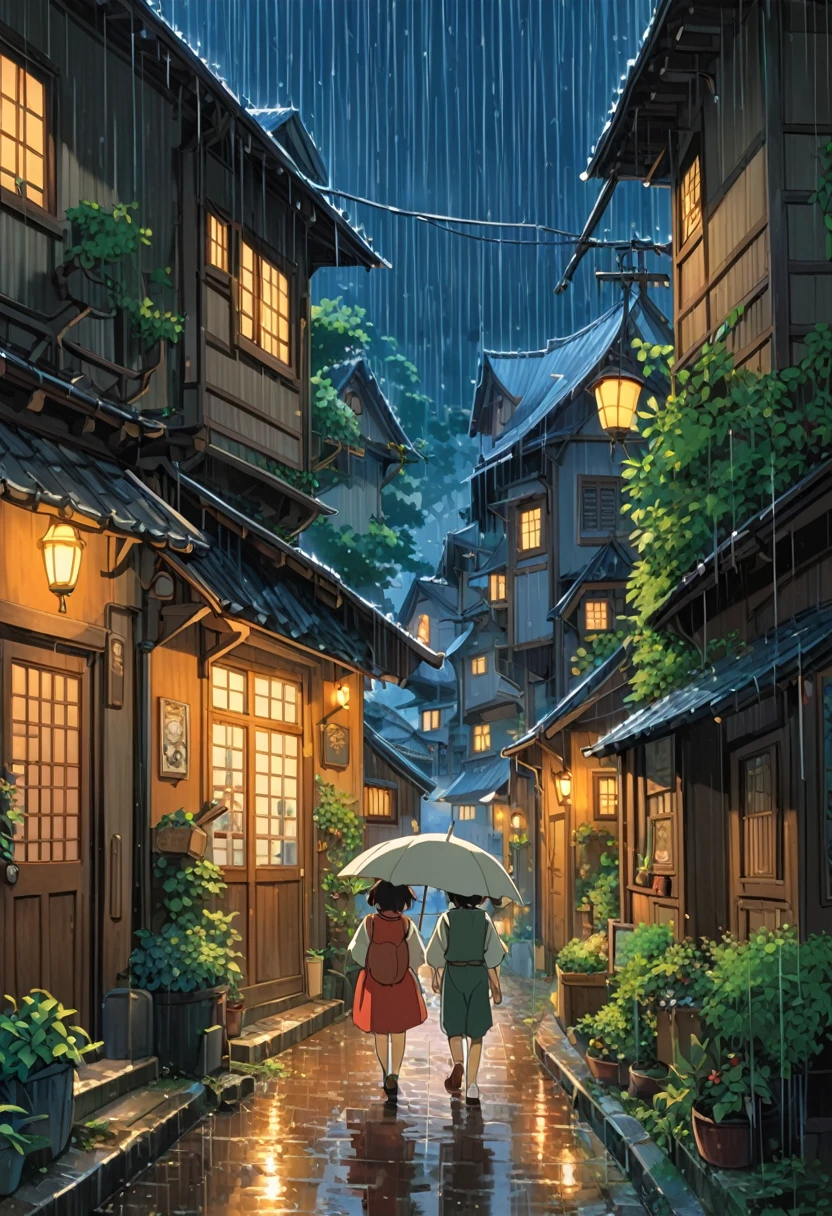 Studio Ghibli-style anime movies, Movie stills, Highest quality, masterpiece, Representative works, Official Art, Professional, Super intricate details, 8k, rain