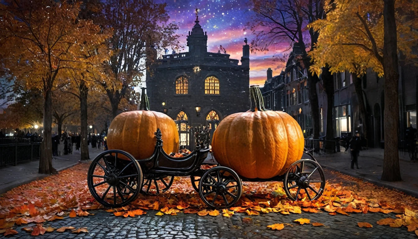 finest image, fantasy, giant pumpkin carriage, black cobblestone pavement, street lights, cityscape, iridescent metal plated metal parts, stained glass windows, background iridescent light particles, falling dead leaves, detailed and delicate depiction,