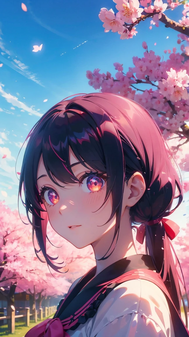 1 Anime Girl, alone,Black petals flutter, Mysteriously glowing butterfly.city,Bright pink hair,red gem eyes,Long twin tails,Thin legs,Very clear,Highest quality,辺り一面のcherry blossoms,都city,cherry blossoms,cherry blossomsミク,Beautiful Morning,Asahi,Face close-up,sunny,cherry blossomsを見上げる,slope