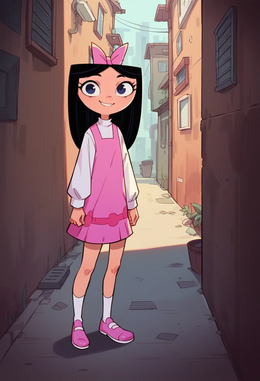 isabella, standing, looking at viewer, smile, pink dress, ribbon, black hair, white sleeves, white socks, alley, pink shoes