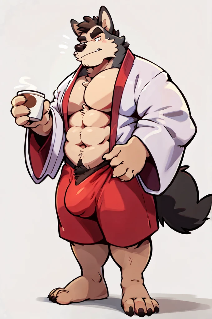 Wolf, By Haps 1boy, abs, animal ears, bara, bulge, full body, white background, Seminude, Kimono, side, Standing, feet, coffe cup