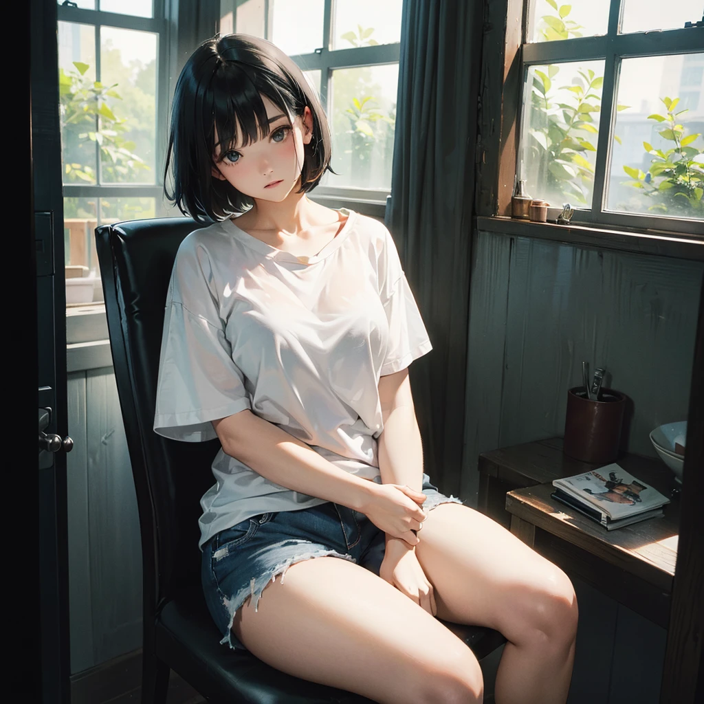 ( Highest quality, Ultra-high resolution)、girl、Black Hair、Bob Hair、melancholy、Staring out the window、A simple white T-shirt with a loose fit around the neck、Shorts、Near large windows、indoor、Sit sloppily、Outside the window it&#39;s bright, blue sky、The room is dark、Nipples、nsfw