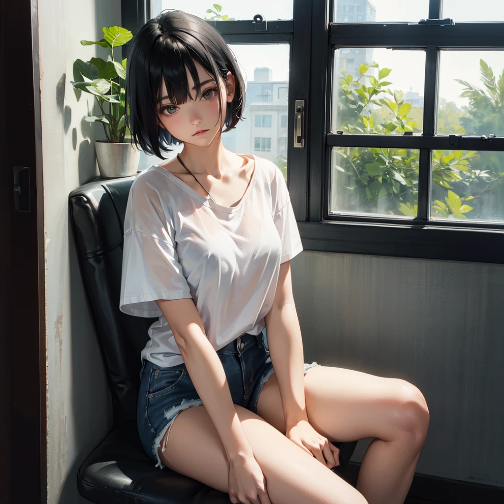 ( Highest quality, Ultra-high resolution)、girl、Black Hair、Bob Hair、melancholy、Staring out the window、A simple white T-shirt with a loose fit around the neck、Shorts、Near large windows、indoor、Sit sloppily、Outside the window it's bright, blue sky、The room is dark、Nipples、nsfw