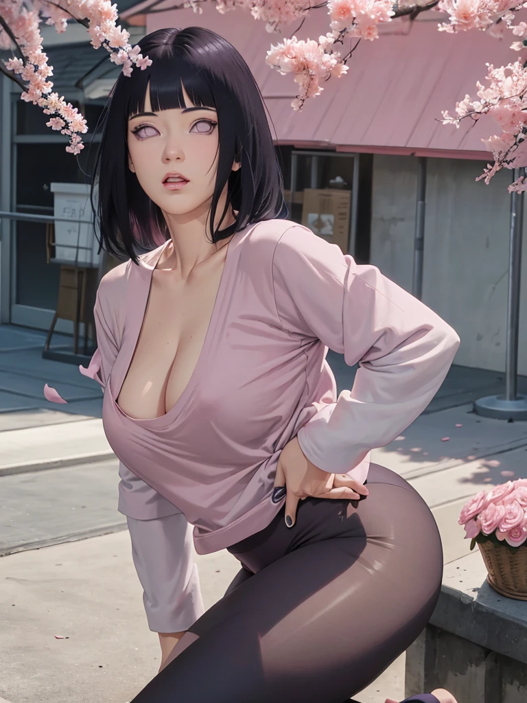 masterpiece, absurdres, hinata\(boruto\), 1girl, solo,mature female, tight t-shirt vneck, Longsleeve, cleavage, legging, yoga pants, looking at viewer, (falling petals), perfect composition, detailed lips, big breast, beautiful face, body propotion, blush, (pink lips), long hair,  purple eyes,  soft gaze,  super realistic, detailed, photoshoot, realistic face and body,