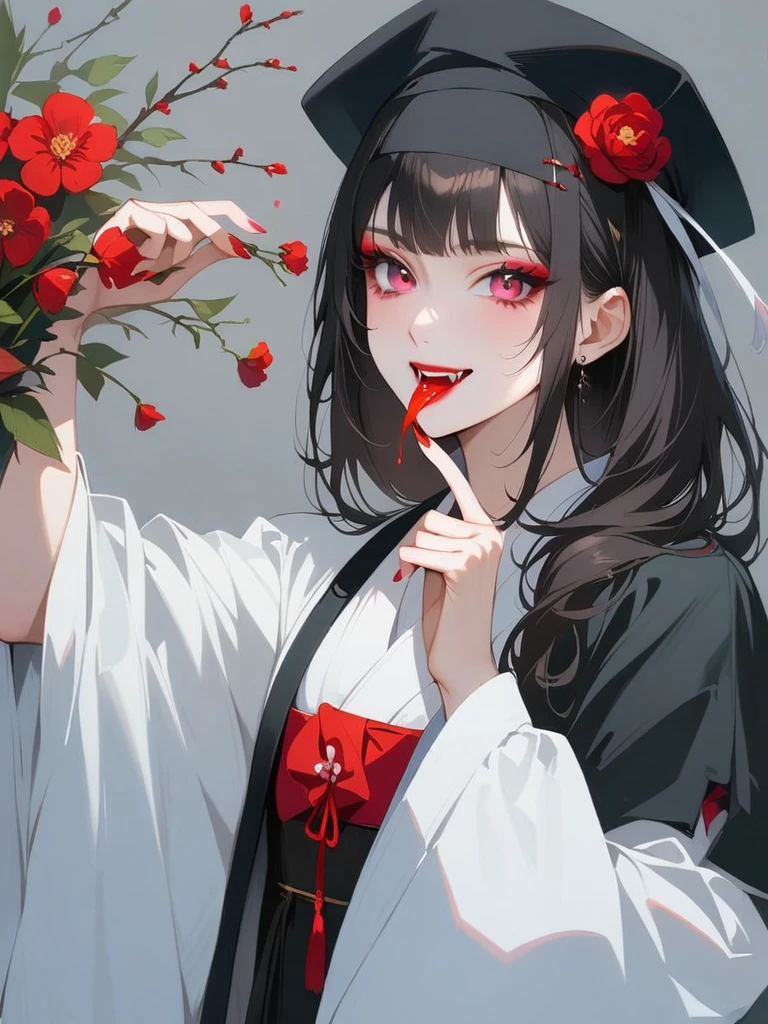 A beautiful Japanese woman with pink eyes, Long eyelashes and red lips，dressed in white Hanfu，Similar makeup to Ueno Yosuke，Selfie on Instagram，Vampire fangs sticking out from between fingers. She has fair skin，Wearing a black hat decorated with flowers. Background color should be gray. Her expression conveys confidence or playfulness. 