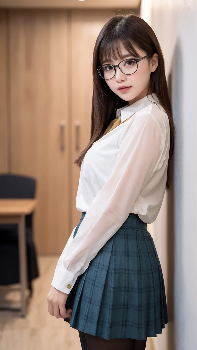 (((8k、High resolution、Highest quality、High resolution)))alone、Natural body shape、White skin、Natural Makeup、((Black Hair、bangs、Straight Long Hair))、(((Glasses)))、grinning、(:1.4)、(())、(((((Full body photo)))))、(((Looking into the camera)))、(((Wear a uniform on the upper body)))、Bedroom、(((Of high school))) 、((white collared long sleeve blouse))、((Beige cardigan))、((Pleated skirt with dark blue plaid pattern、mini skirt、Ultra-realistic pantyhose))、、、Expressionless、((Exposing thighs))