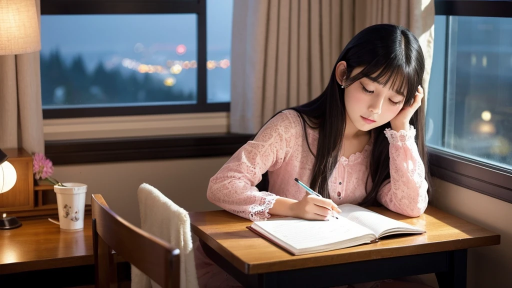 Ghibli-style image, very pretty and innocent female college student, long black hair, sitting at desk, listening to music with earphones, holding pencil in right hand, left hand resting on chin, studying, midnight, soft stand lighting, generally dark background, Cute props, a window with a view of the stars, curtains, a pink pajama with cute lace that slightly exposes the shoulders, a kitten sleeping on a very pretty bed, a steaming coffee cup next to the desk, please create an image.