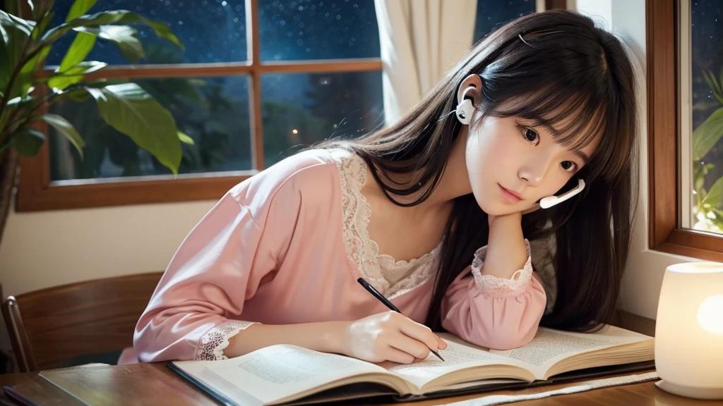Ghibli-style image, very pretty and innocent female college student, long black hair, sitting at desk, listening to music with earphones, holding pencil in right hand, left hand resting on chin, studying, midnight, soft stand lighting, generally dark background, Cute props, a window with a view of the stars, curtains, a pink pajama with cute lace that slightly exposes the shoulders, a kitten sleeping on a very pretty bed, a steaming coffee cup next to the desk, please create an image.