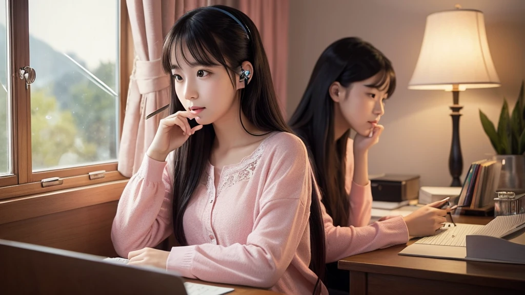 Ghibli-style image, very pretty and innocent female college student, long black hair, sitting at desk, listening to music with earphones, holding pencil in right hand, left hand resting on chin, studying, midnight, soft stand lighting, generally dark background, Cute props, a window with a view of the stars, curtains, a pink pajama with cute lace that slightly exposes the shoulders, a kitten sleeping on a very pretty bed, a steaming coffee cup next to the desk, please create an image.