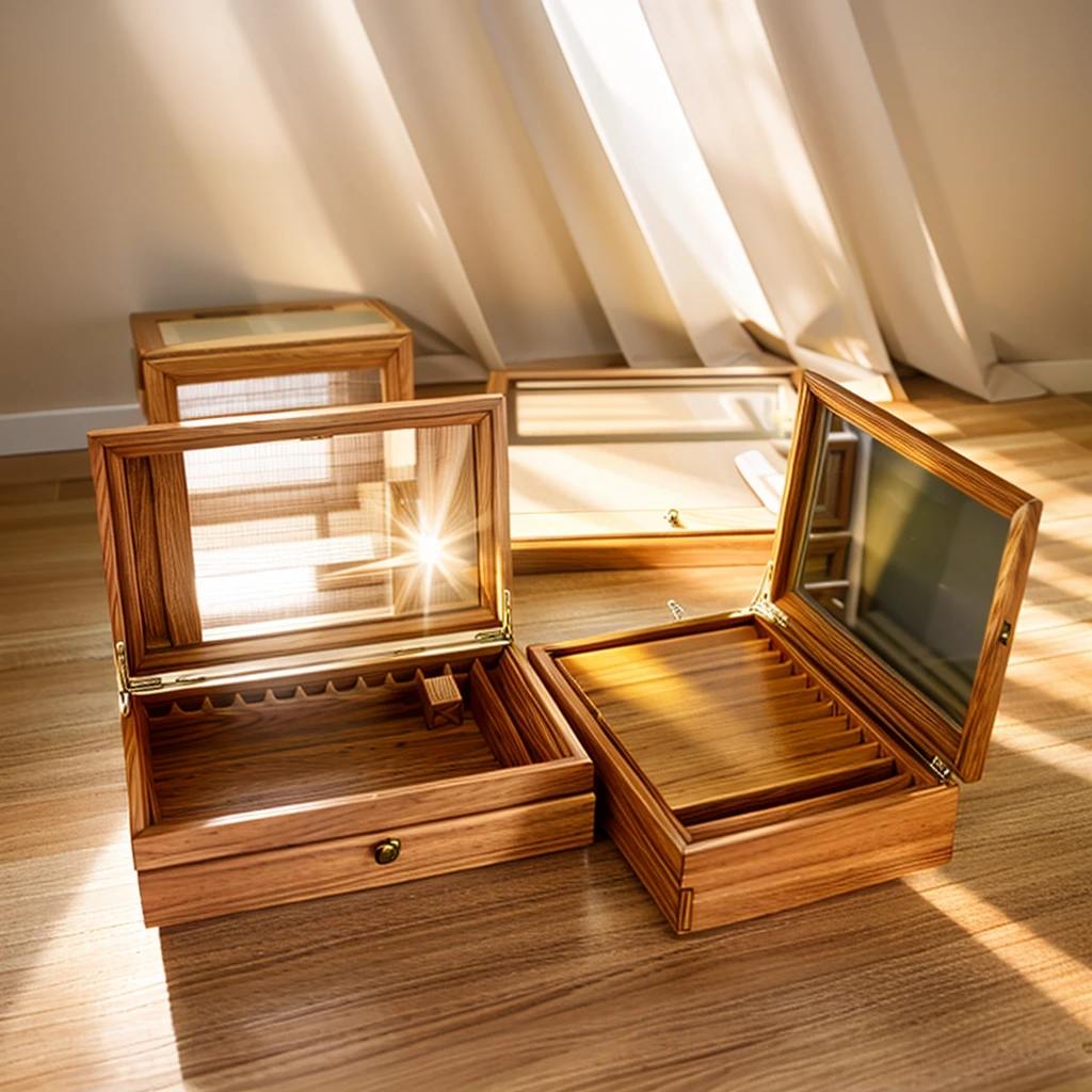 In this cozy room,A ray of sunlight shone through the half-drawn curtains on the table,Let the wood grain on the watch storage box shine with a faint luster。There was a calm and peaceful atmosphere in the air around them。There are several still lifes hanging on the walls of the room,It adds a touch of elegance to the space。And on the other side of the room,The half-open window lets in the breeze,The pages on the small desk by the window turned in the wind,This quiet scene gives a sense of tranquility and comfort。