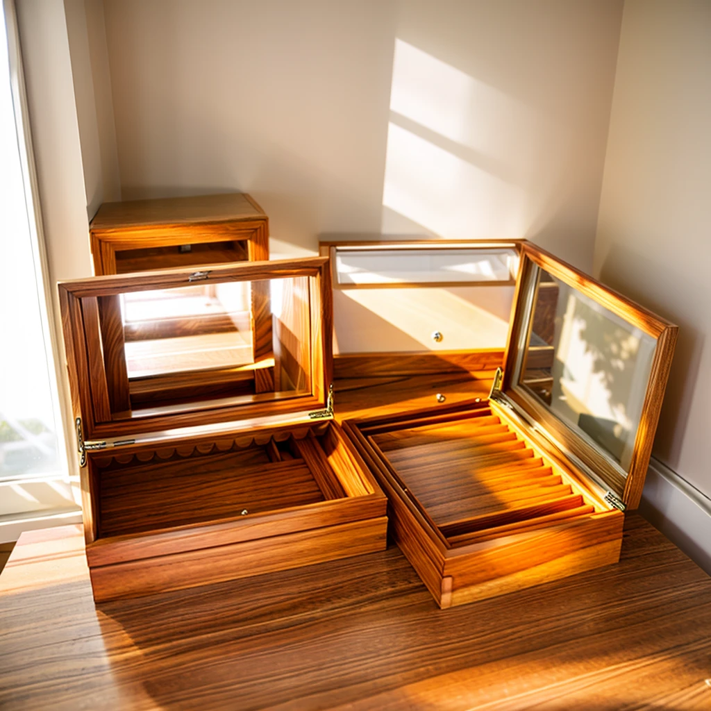 In this cozy room,A ray of sunlight shone through the half-drawn curtains on the table,Let the wood grain on the watch storage box shine with a faint luster。There was a calm and peaceful atmosphere in the air around them。There are several still lifes hanging on the walls of the room,It adds a touch of elegance to the space。And on the other side of the room,The half-open window lets in the breeze,The pages on the small desk by the window turned in the wind,This quiet scene gives a sense of tranquility and comfort。