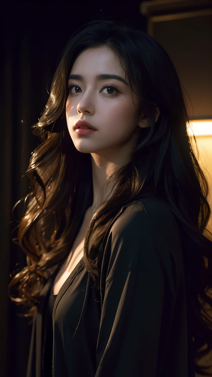 A girl with long curly hair, cinematic night scene, (best quality,4k,8k,highres,masterpiece:1.2),ultra-detailed,(realistic,photorealistic,photo-realistic:1.37),dramatic lighting,moody atmosphere,mysterious shadows,dramatic shadows,dramatic lighting,dramatic pose,intense focus,intricate details,volumetric lighting,cinematic angle,cinematic framing,chiaroscuro