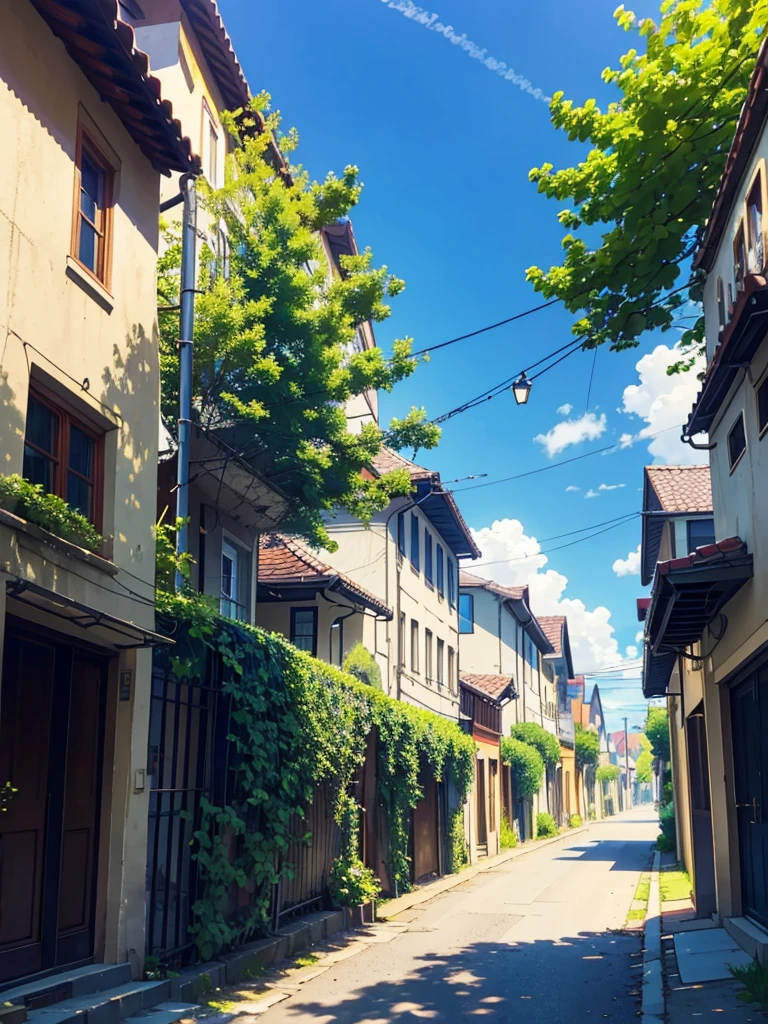 Sunny Weather and Quiet Street: "A photo of a quiet street with a clear blue sky and green trees, creating a peaceful ambiance.