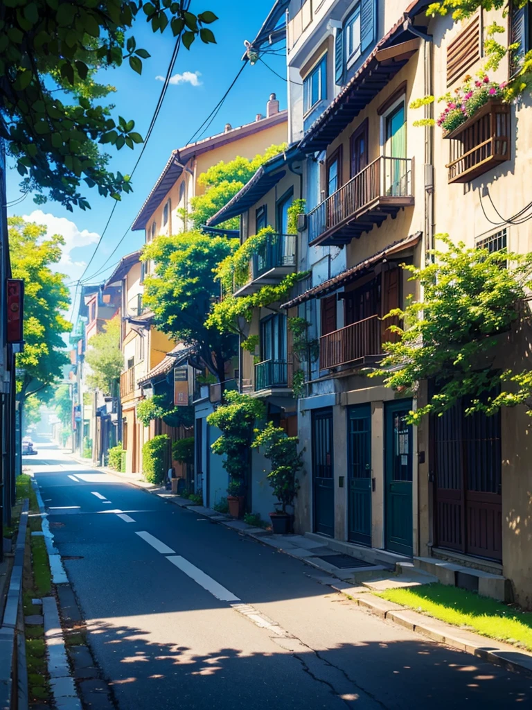 Sunny Weather and Quiet Street: "A photo of a quiet street with a clear blue sky and green trees, creating a peaceful ambiance.
