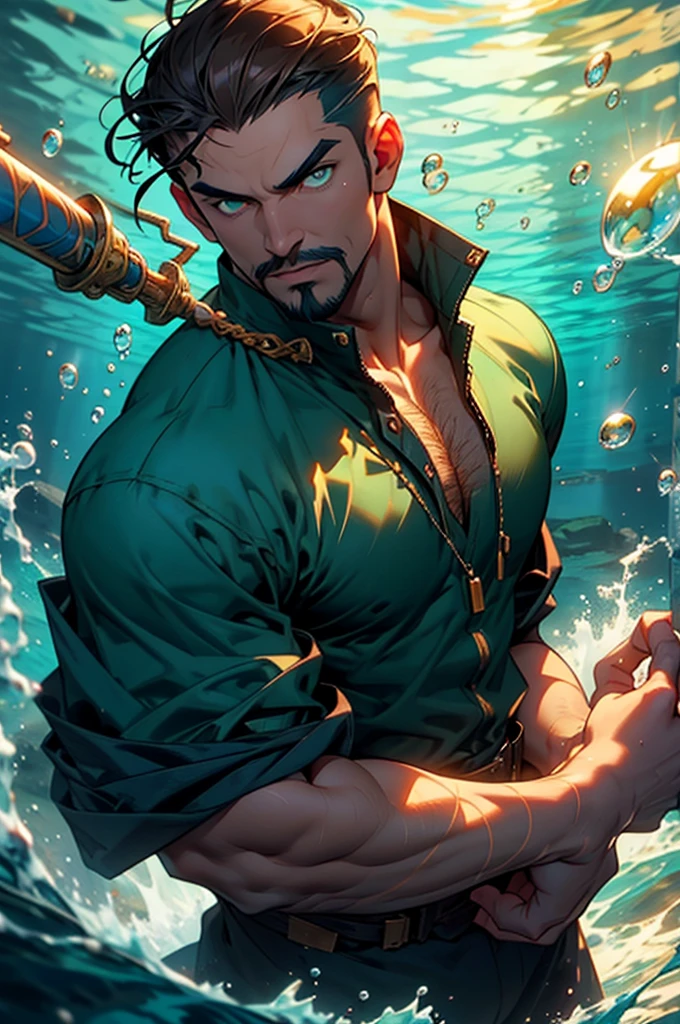 Underwater man with short brown hair pulled back, green eyes and a hooked nose. He looks relaxed, his eyebrows are at ease. He has a 3 a short mustache and goatee. He is wielding waterbending magic. The suroundings is dark blue sea waters, bubbles.