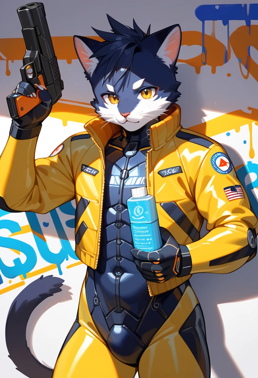 animation, Highest quality, Highest quality, High quality illustrations, masterpiece, Ultra-high resolution, Detailed Background, cyber cafe, Graffiti art on the wall, Absurd, Perfect Anatomy, performance, Good lighting, Shadows in the movies(kemono, Furry PersonifiCation), Cat, Blueskin, Yellow Rubber Suit, latex, neon, neonライト, neonカラー, Bodysuits, Cyber Suit, Mech Suit, Rubber Half Jacket, cyber punk, Blade Runner, He has a gun in his right hand, Holding a blade in his left hand