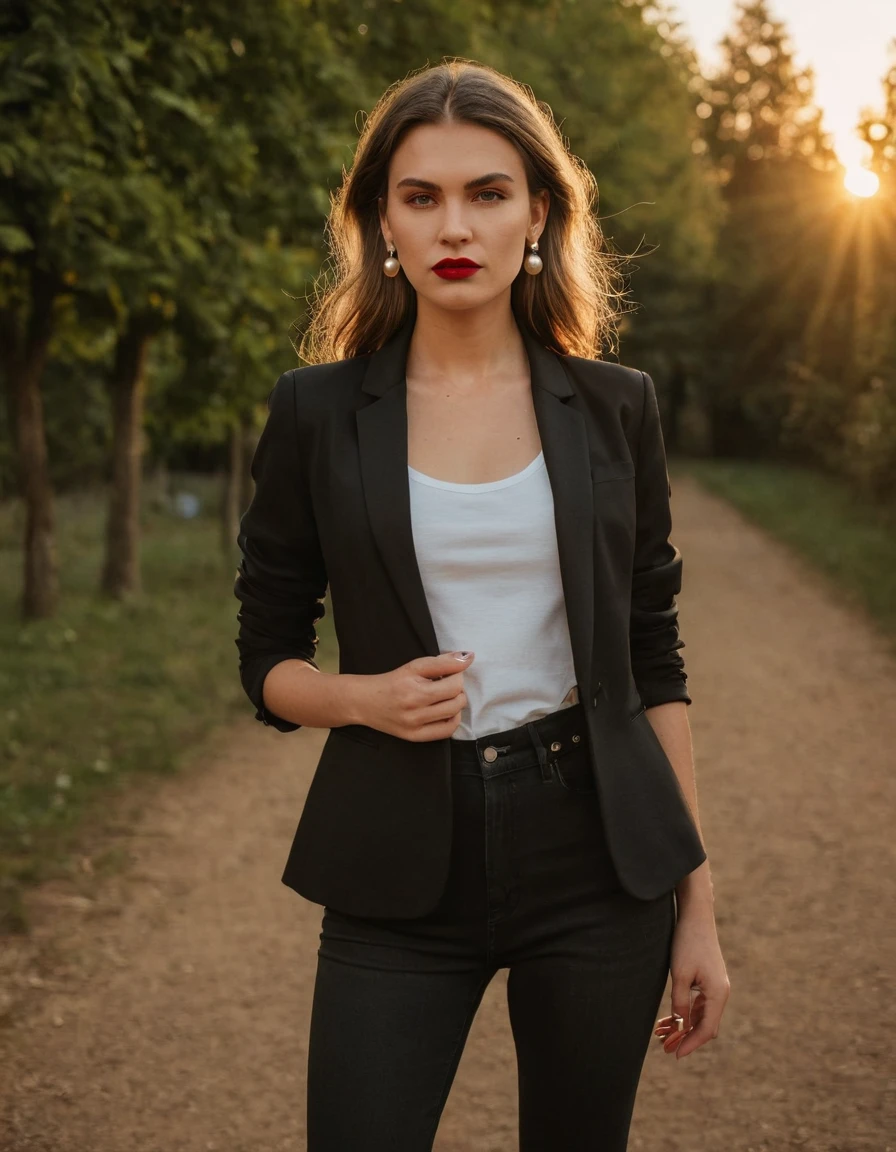 color digital photograph of Lucie Prochazka a woman from czech republic wearing (a black blazer), (a white t-shirt), (black skinny jeans), (black ankle boots), (pearl earrings), (red lipstick), and Slingbacks shoes shot on Nikon Z9 by Denis Karasev, 26 years old, slavic woman, pale skin, (long hair), tiny figure, small breasts, feeling (feeling Hate, Intense, Hostile, Aversion, Anger, Resentment, Disgust, Animosity, Hostility, Loathing, Malice, face: Scowl, Frown, Glare, Narrowed Eyes, Sneer, Lip Curl, Tense Jaw, Raised Eyebrows, Cold Stare, Contempt), at golden hour,full body, masterpiece, natural lighting, (outdoor setting:1.2), warm tones, side lighting, natural skin details, 4k, UHD, masterpiece, detailed eyes, detailed face, detailed skin, perfect hands, perfect feets, photo, high skin detail, moles, imperfect skin, ultra realism, RAW photo, subsurface scattering