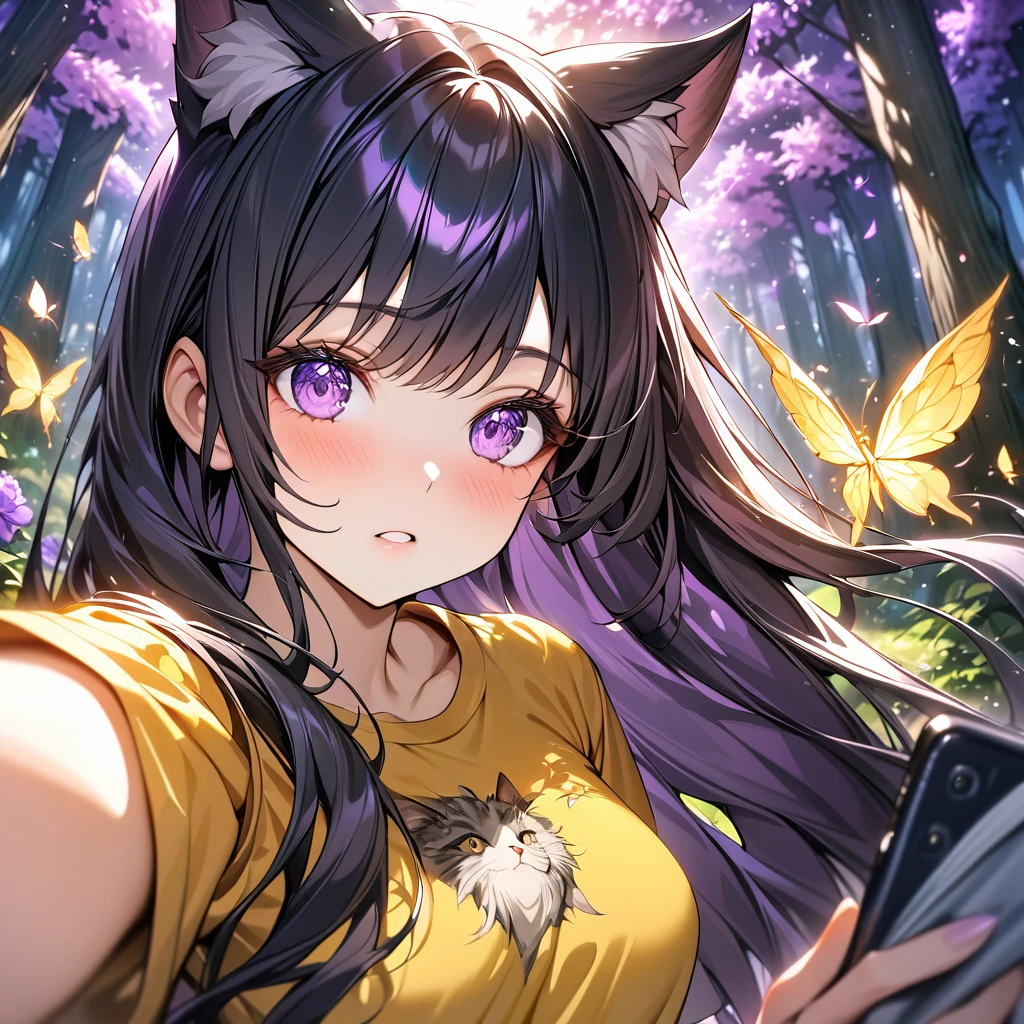 Medium chest, long hair, Girl with yellow sabrina tshirt, cat ears, forest,purple dark light, absurdres, highres, ultra detailed, HDR, master piece, best quality, black hair, expressive purple eyes, magical, fantasy, shining, purple flowers, blossoms, yellow butterflies, medium shot, Taking selfies behind him is a guy