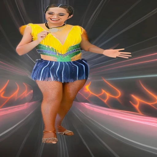 there is a woman in a costume that is holding a umbrella, wearing tumultus flames, wild rave outfit, bold rave outfit, full body with costume, celebration costume, feather suit, fire dress, rave outfit, full body close-up shot, full body view, costume with blue accents, high quality theatre costume, phoenix-inspired, orange and yellow costume