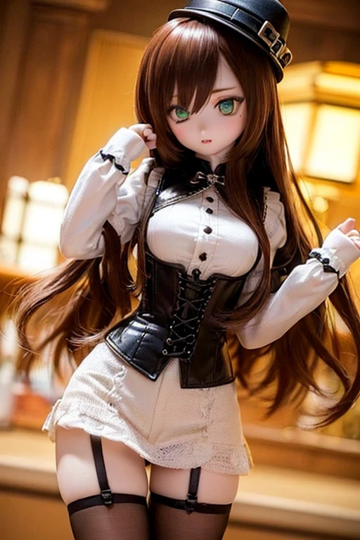 (SFW:2), photorealistic, realistic photo, 8k, ((highest quality)), ((masterpiece)), (extremely detailed), kukolnydom, doll, (mature woman, 20yo, 20 years old:1.6), solo, ((cowboy shot, standing, slim, slender, skinny, medium breasts, bowler hat, frilled shirt, puffy sleeves, corset, mini skirt, thigh-high socks)), (green eyes, brown hair, long hair, plastic skin, looking at another, glass eyes, gradient eyes, shining eyes, detailed eyes:1.3)