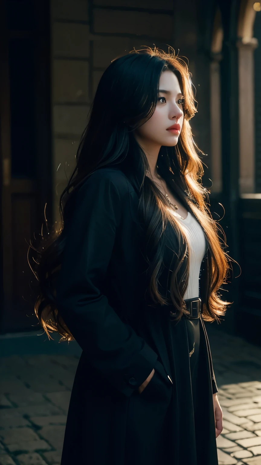 A girl with long curly hair, cinematic night scene, (best quality,4k,8k,highres,masterpiece:1.2),ultra-detailed,(realistic,photorealistic,photo-realistic:1.37),dramatic lighting,moody atmosphere,mysterious shadows,dramatic shadows,dramatic lighting,dramatic pose,intense focus,intricate details,volumetric lighting,cinematic angle,cinematic framing,chiaroscuro