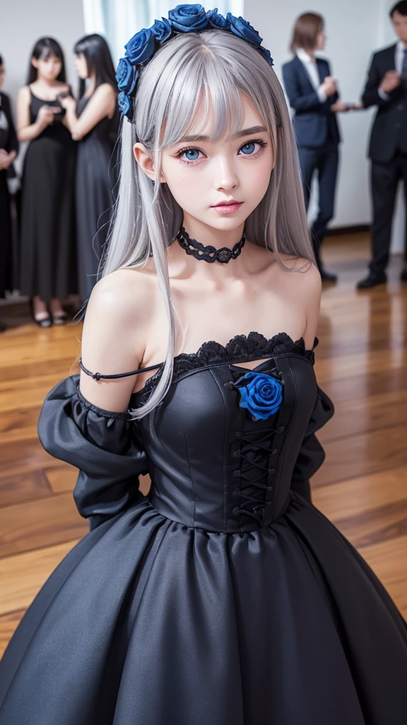 (highest quality, Tabletop), (One Girl, alone, Black Dress, Are standing , Show Viewer, Gray Hair, blue eyes, Mouth closed, ),((Blue rose)), One Woman、20-year-old woman、Flat body、Slime、cute、Primary school students'Face、 (Background Blur)、(Shine:1.3)、(Blue geometric background:1.3)、(head shot)、Red Rose、Red flower