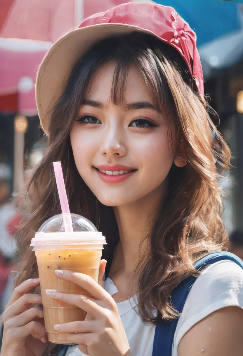 Make an image of a beautiful pretty girl drinking a cup of bubble tea, make her look American, she's pretty, she's from England