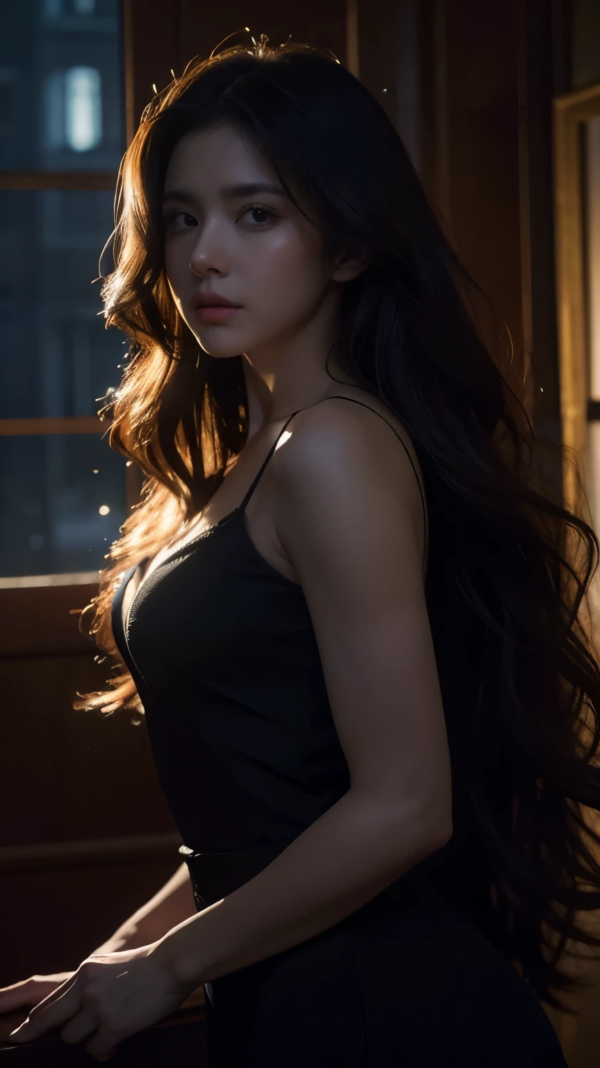 A girl with long curly hair, cinematic night scene, (best quality,4k,8k,highres,masterpiece:1.2),ultra-detailed,(realistic,photorealistic,photo-realistic:1.37),dramatic lighting,moody atmosphere,mysterious shadows,dramatic shadows,dramatic lighting,dramatic pose,intense focus,intricate details,volumetric lighting,cinematic angle,cinematic framing,chiaroscuro