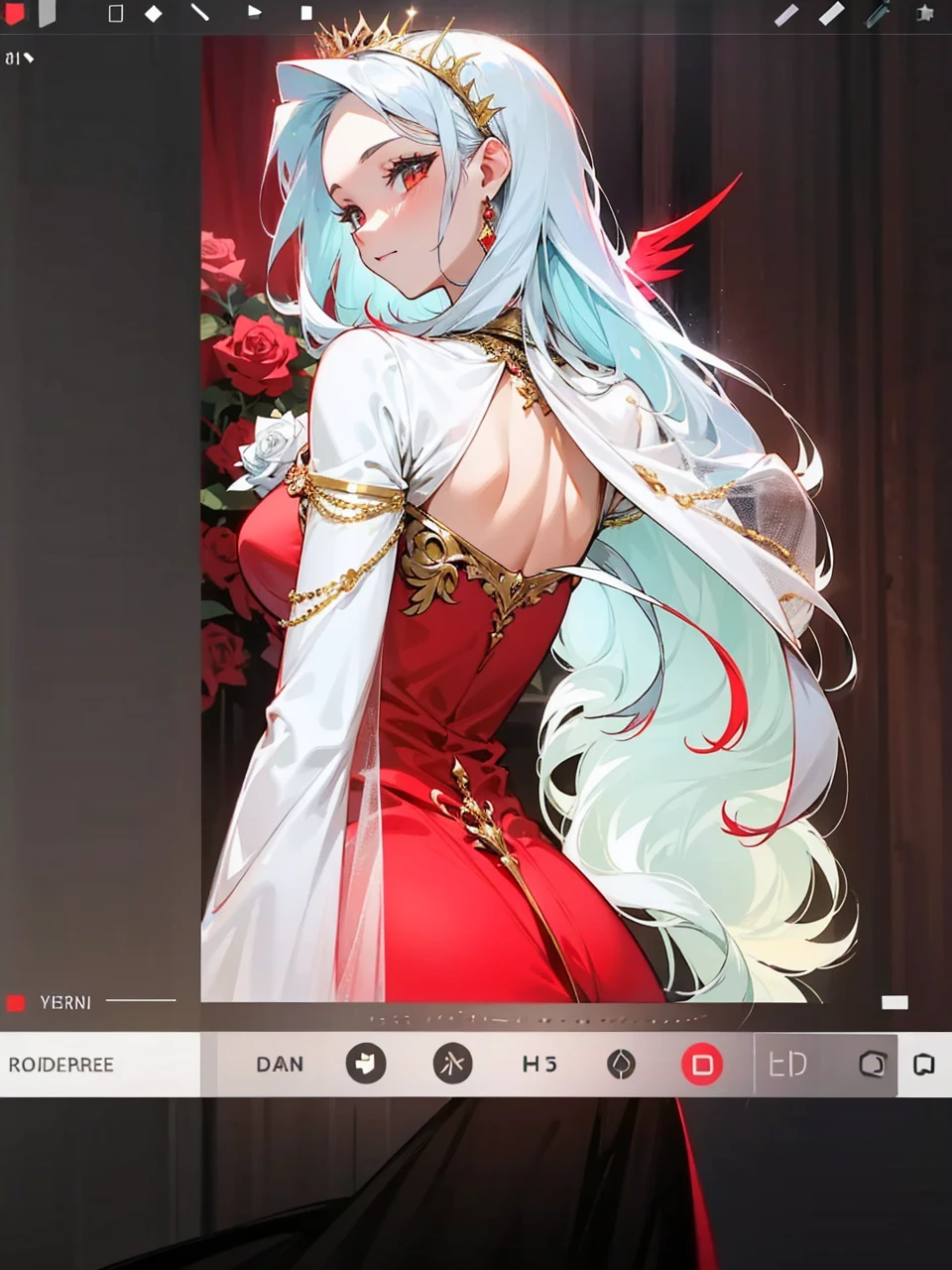 Add in roses to her dress, a good back dress design with some golden jewelry, make her dress into a red and white gown with a hat, give her some unique Jewelry, and make her look somewhat of a demonic angel like appearance to her
