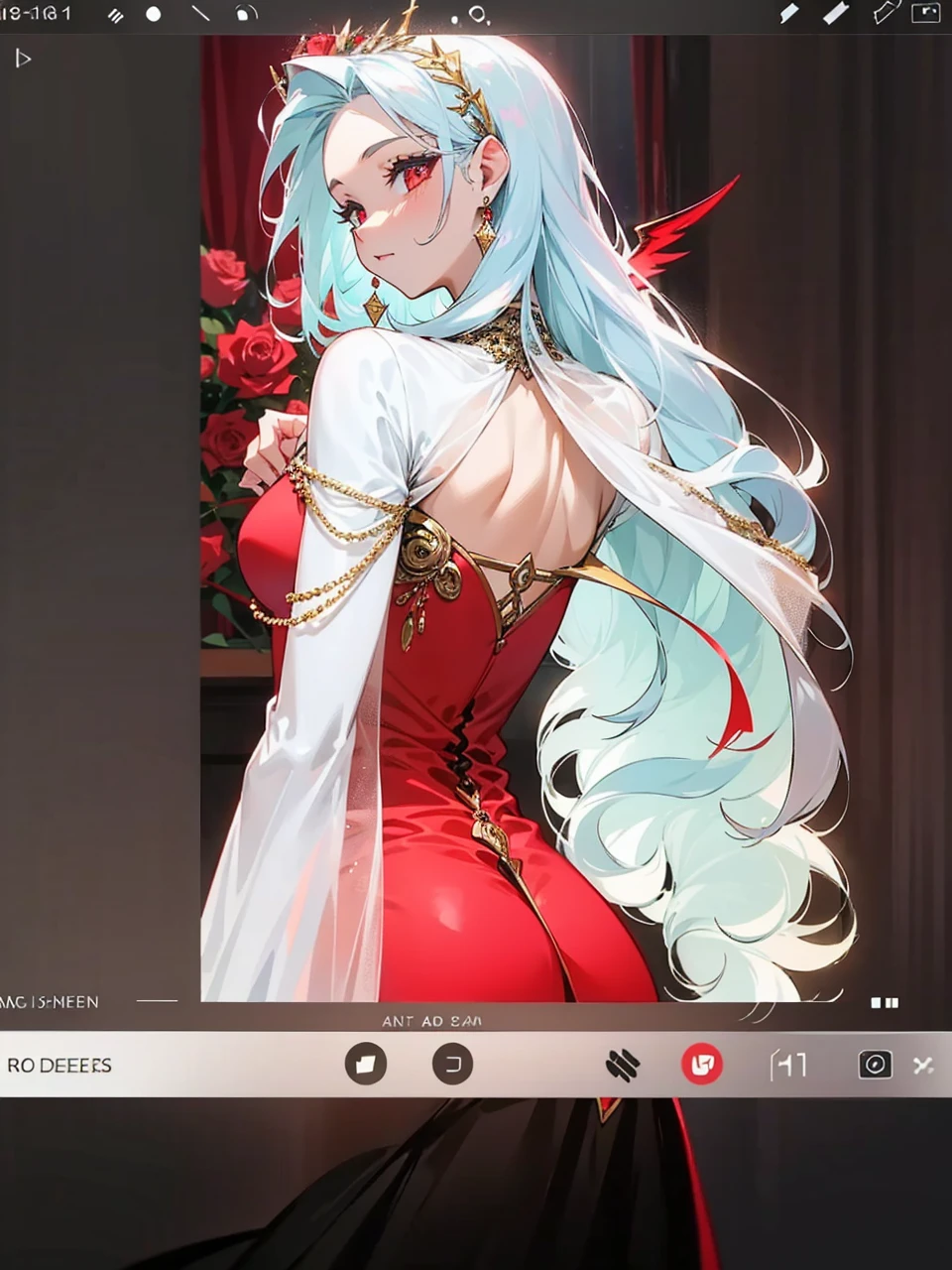 Add in roses to her dress, a good back dress design with some golden jewelry, make her dress into a red and white gown with a hat, give her some unique Jewelry, and make her look somewhat of a demonic angel like appearance to her