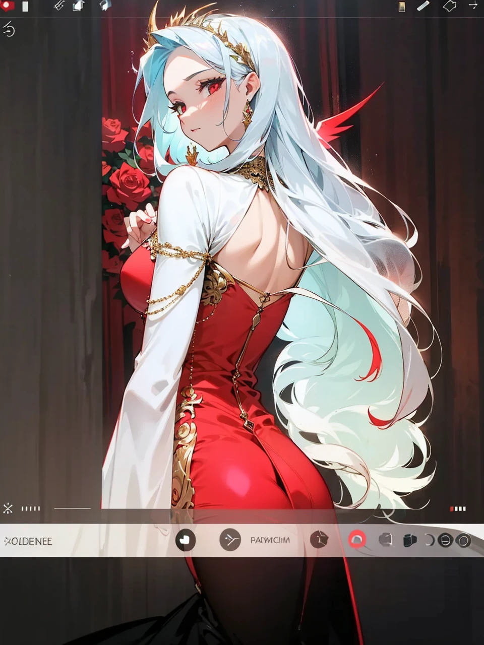 Add in roses to her dress, a good back dress design with some golden jewelry, make her dress into a red and white gown with a hat, give her some unique Jewelry, and make her look somewhat of a demonic angel like appearance to her