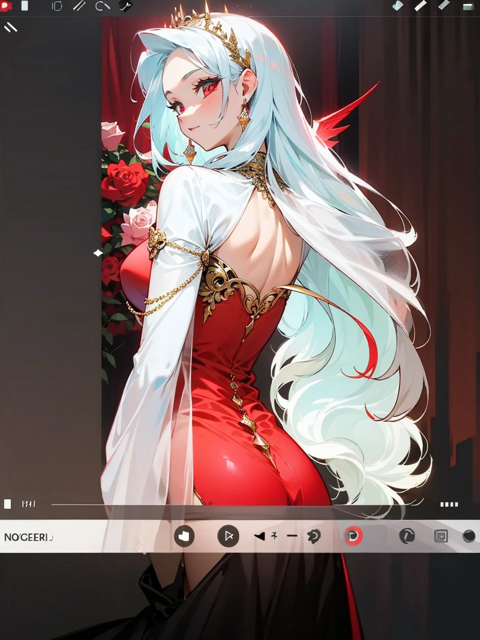 Add in roses to her dress, a good back dress design with some golden jewelry, make her dress into a red and white gown with a hat, give her some unique Jewelry, and make her look somewhat of a demonic angel like appearance to her