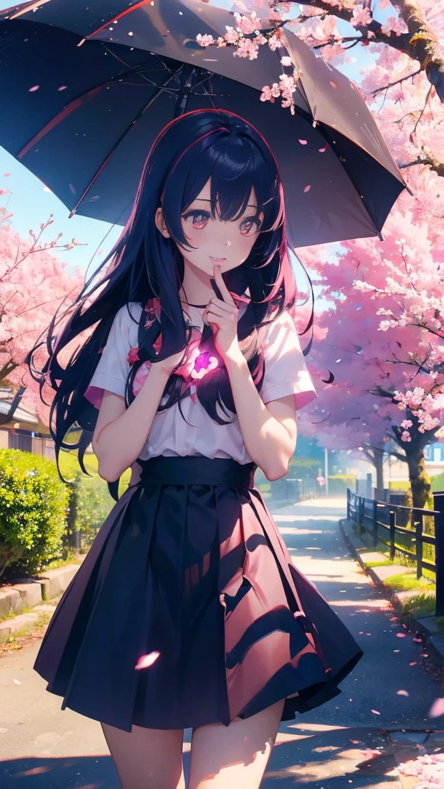 1 Anime Girl, alone,Black petals flutter, Mysteriously glowing butterfly.city,Bright pink hair,red gem eyes,Straight Long Hair,Thin legs,Very clear,Highest quality,辺り一面のcherry blossoms,都city,cherry blossoms,cherry blossomsミク,Beautiful Morning,Asahi,Face close-up,sunny,cherry blossomsを見上げる,slope,Fuji Mountain