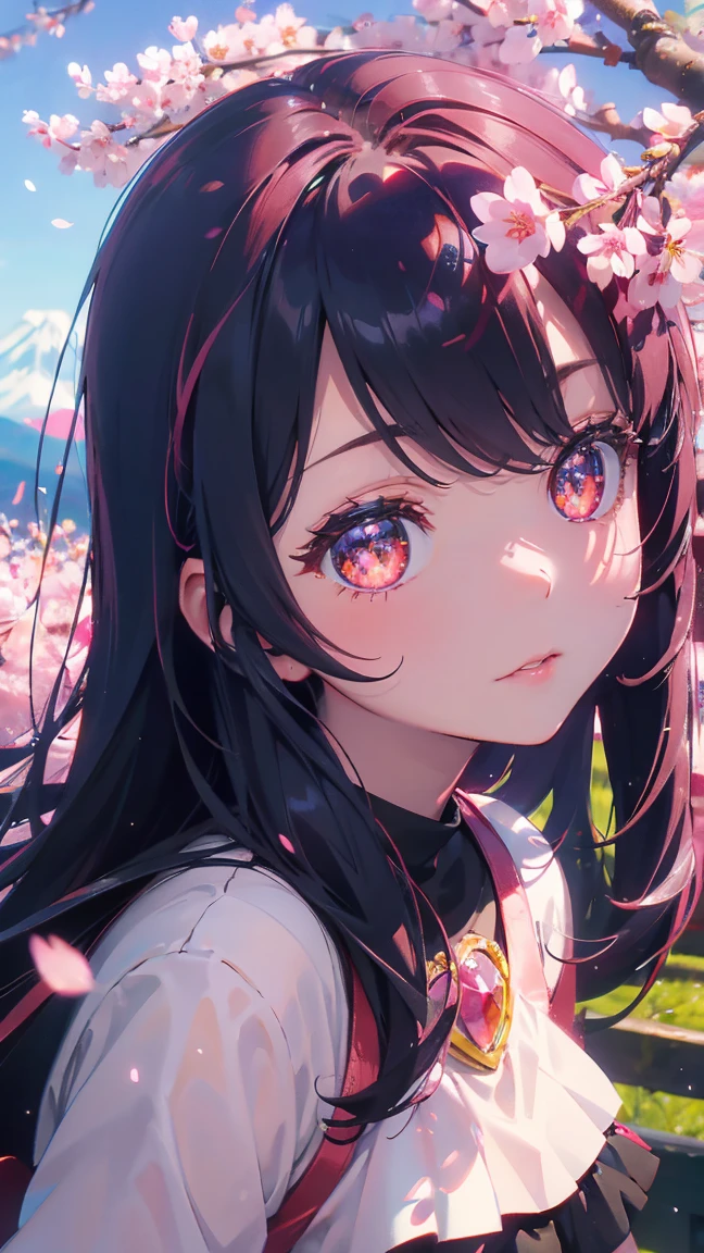 1 Anime Girl, alone,Black petals flutter, Mysteriously glowing butterfly.city,Bright pink hair,red gem eyes,Straight Long Hair,Thin legs,Very clear,Highest quality,辺り一面のcherry blossoms,都city,cherry blossoms,cherry blossomsミク,Beautiful Morning,Asahi,Face close-up,sunny,cherry blossomsを見上げる,slope,Fuji Mountain