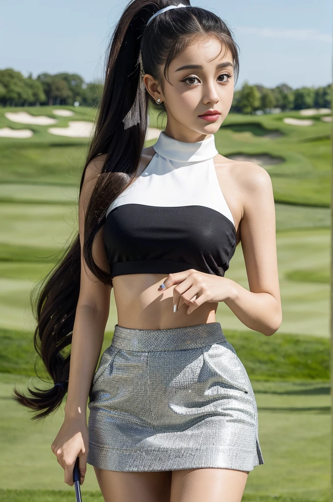 Ariana Grande, beautiful, wearing short crop top, short skirt, playing golf